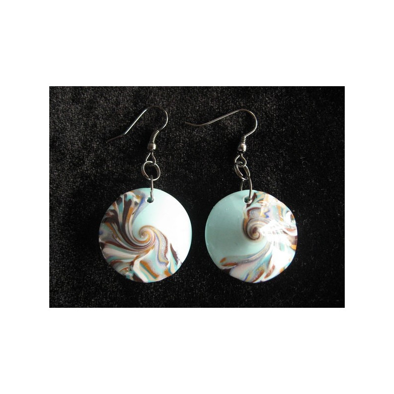 Earrings, turquoise and brown spiral, in fimo