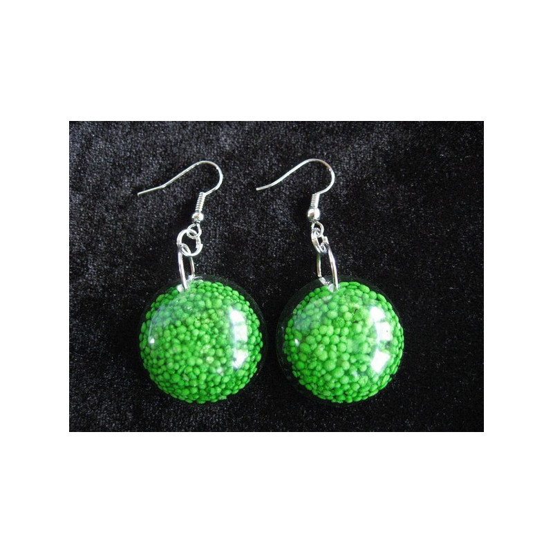 Cabochon earrings, mini green pearls, resin
