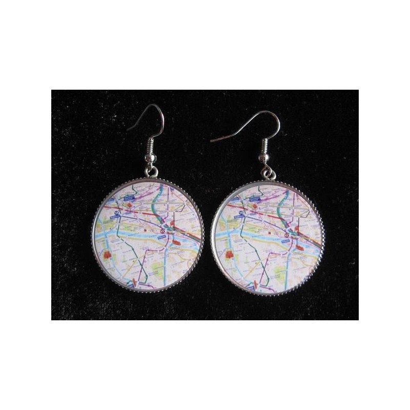 Earrings, Paris metro map, set in resin