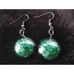 Cabochon earrings, green sequins, resin