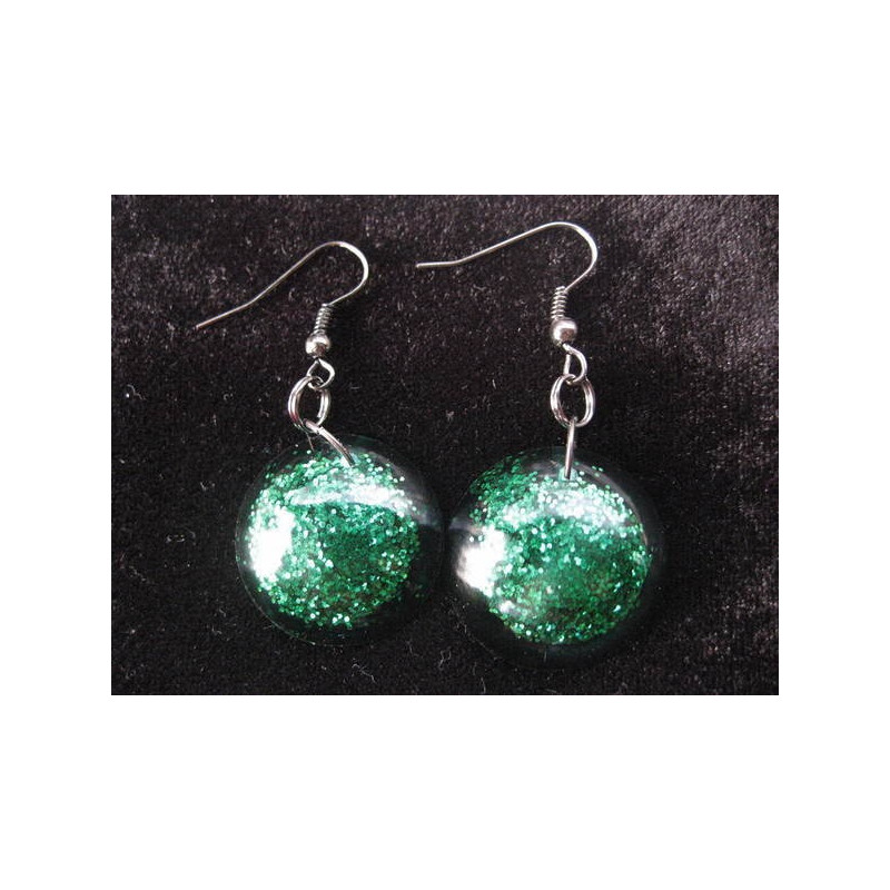 Cabochon earrings, green sequins, resin