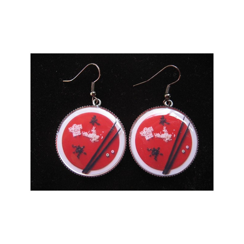 Fancy earrings, Japan and Sushi flag, set in resin