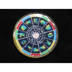 Vintage pin, zodiac signs on multicolored background
