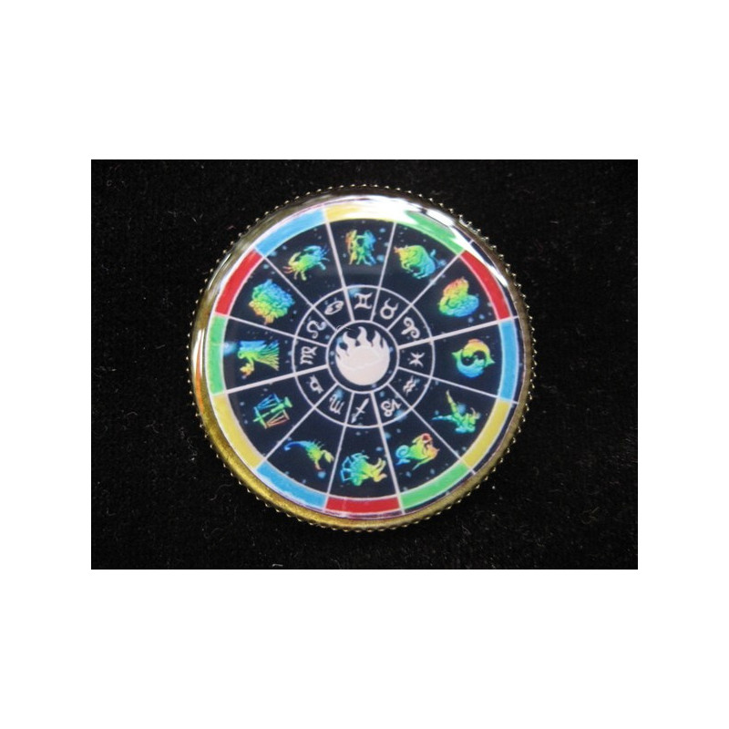 Vintage pin, zodiac signs on multicolored background