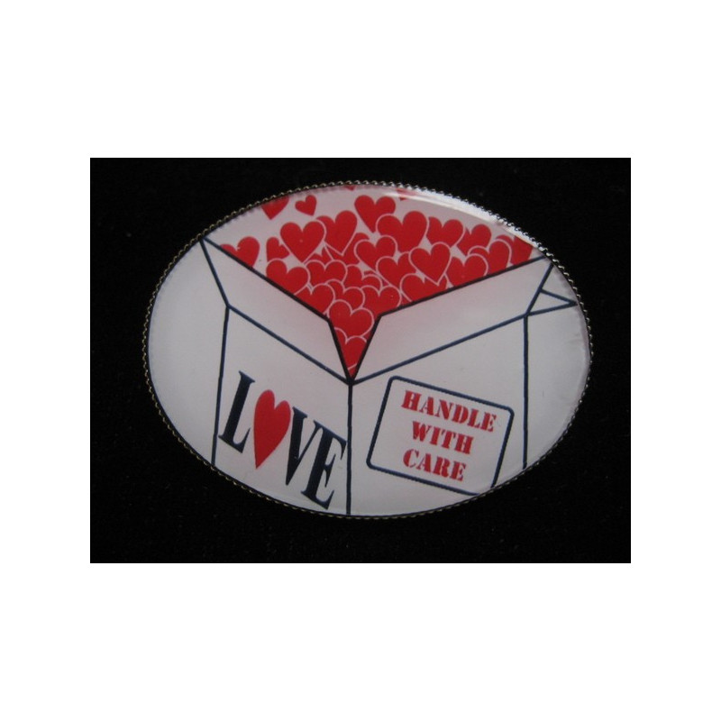 Broche ovale vintage, Attention fragile, sertie en résine