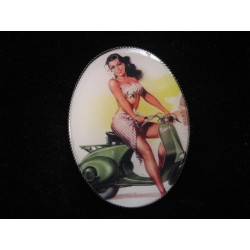 Vintage oval brooch, Pin-Up Vespa, set with resin