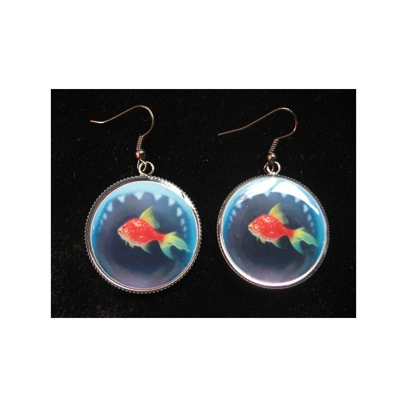 Fancy earrings, fish and shark, set with resin