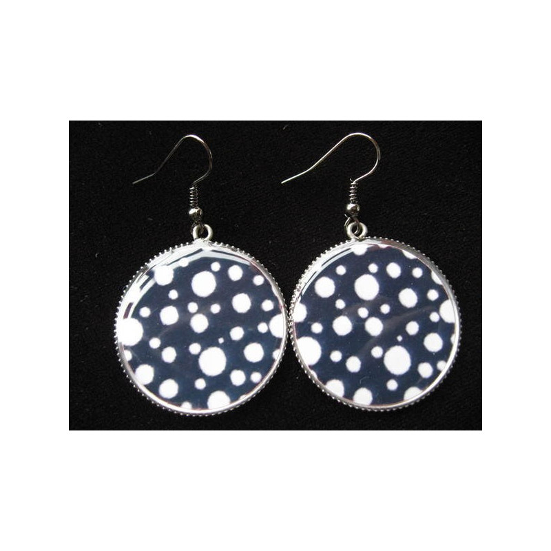Earrings, white dots on a black background, set in resin