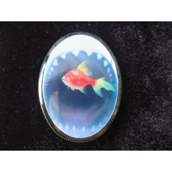 Oval brooch, fish and shark, set with resin