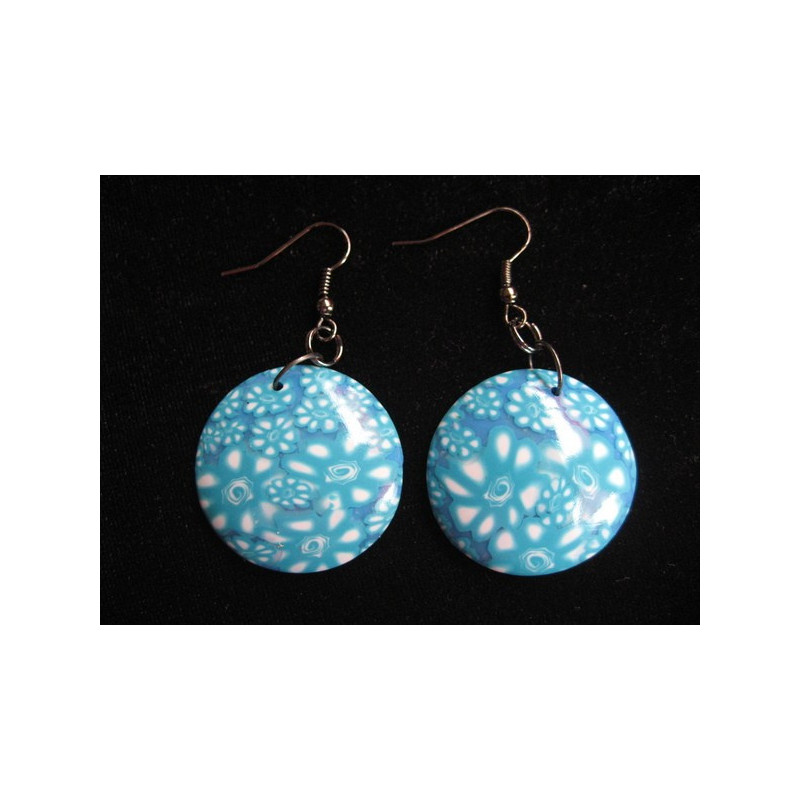 Boucles d'oreilles, turquoises/blanches, en fimo