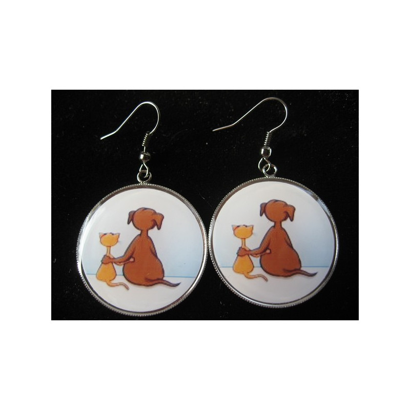 Boucles d'oreilles, Chien et chat, Love story, serties en résine