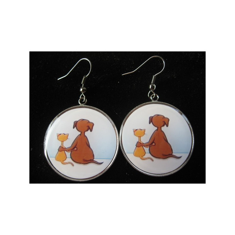 Earrings, Dog and cat, Love story, set in resin