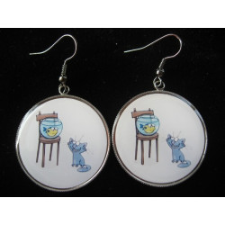 Fancy earrings, cat and fish, set in resin