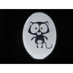 Oval brooch, Cartoon black cat, set in resin