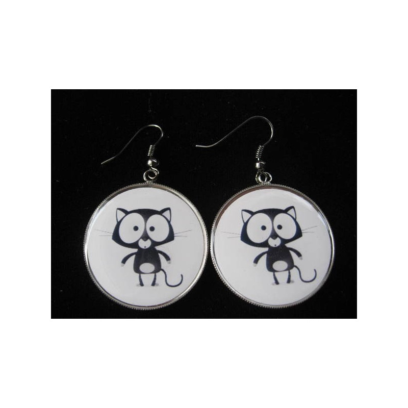 Fancy earrings, Cartoon black cat, set in resin