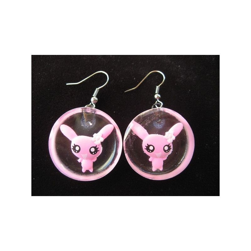 Kawaii earrings, fuchsia rabbit, in resin