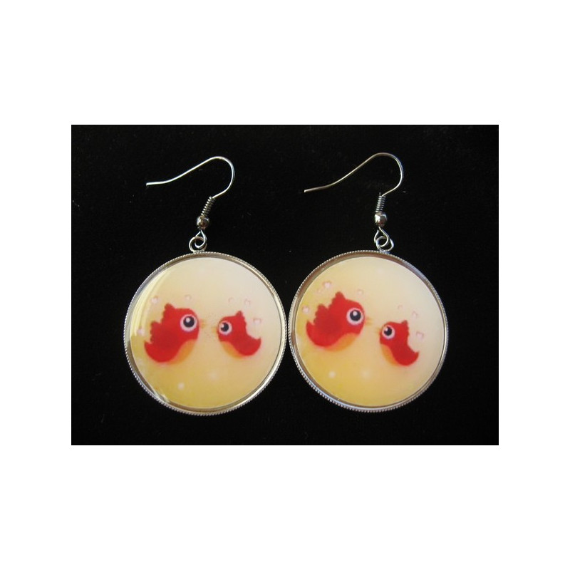 Earrings, birds in love, set in resin