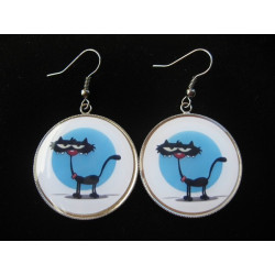 Fancy earrings, cartoon cat, set in resin