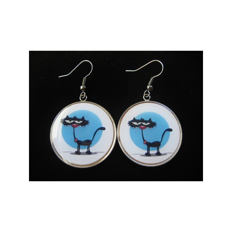 Fancy earrings, cartoon cat, set in resin