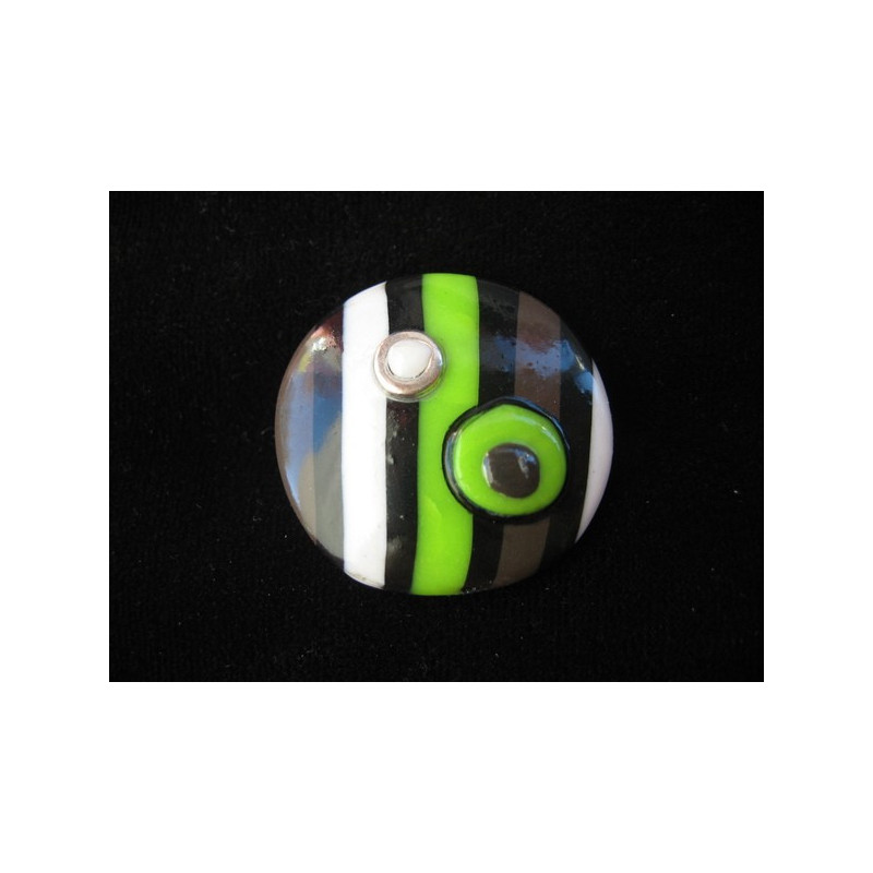 Grande bague pop, rayures marrons/vertes/blanches, en fimo