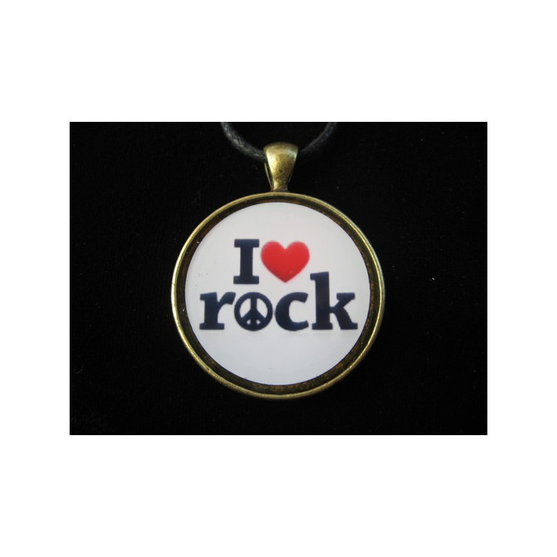Pendentif vintage, I love Rock, serti en résine