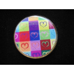 Fancy brooch, multicolored hearts, set with resin