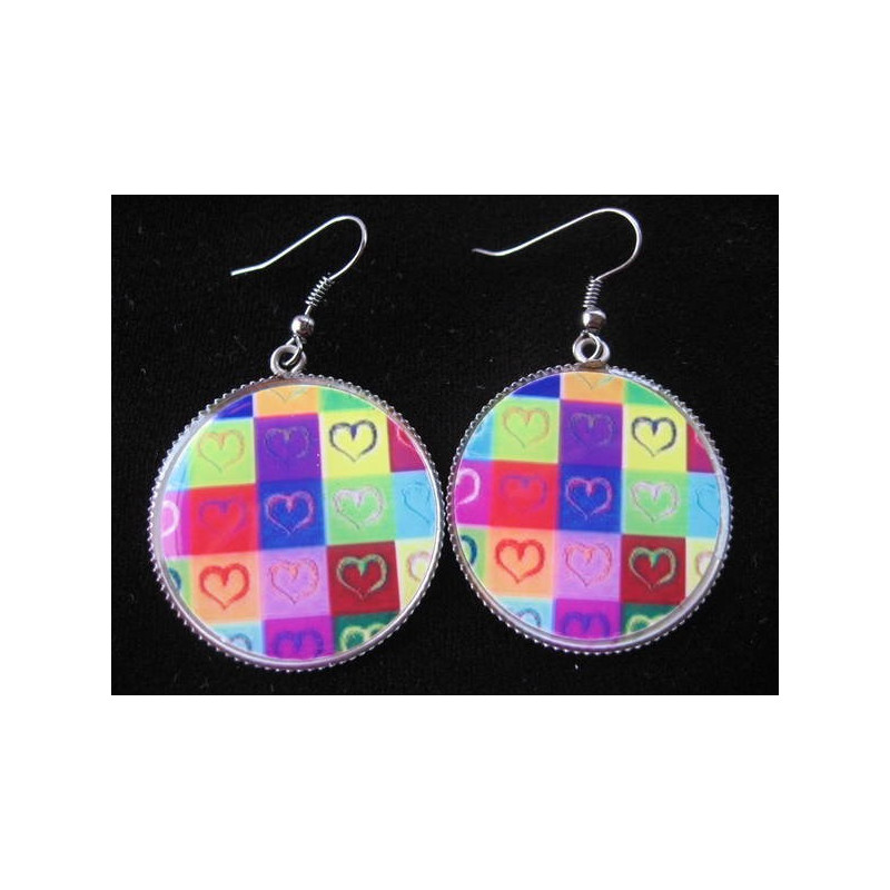 Earrings, multicolored hearts, set in resin