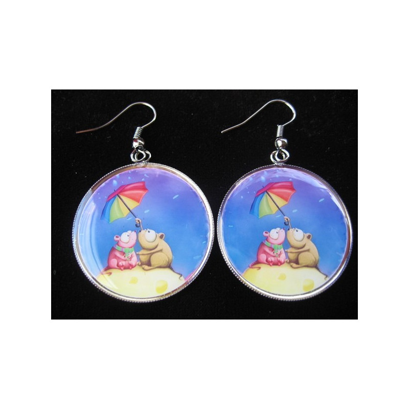 Earrings, Mouse in love, set in resin