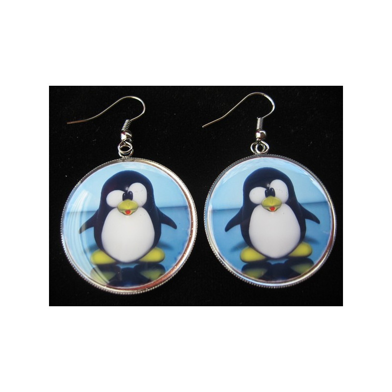 Fancy earrings, Cartoon Penguin, set in resin
