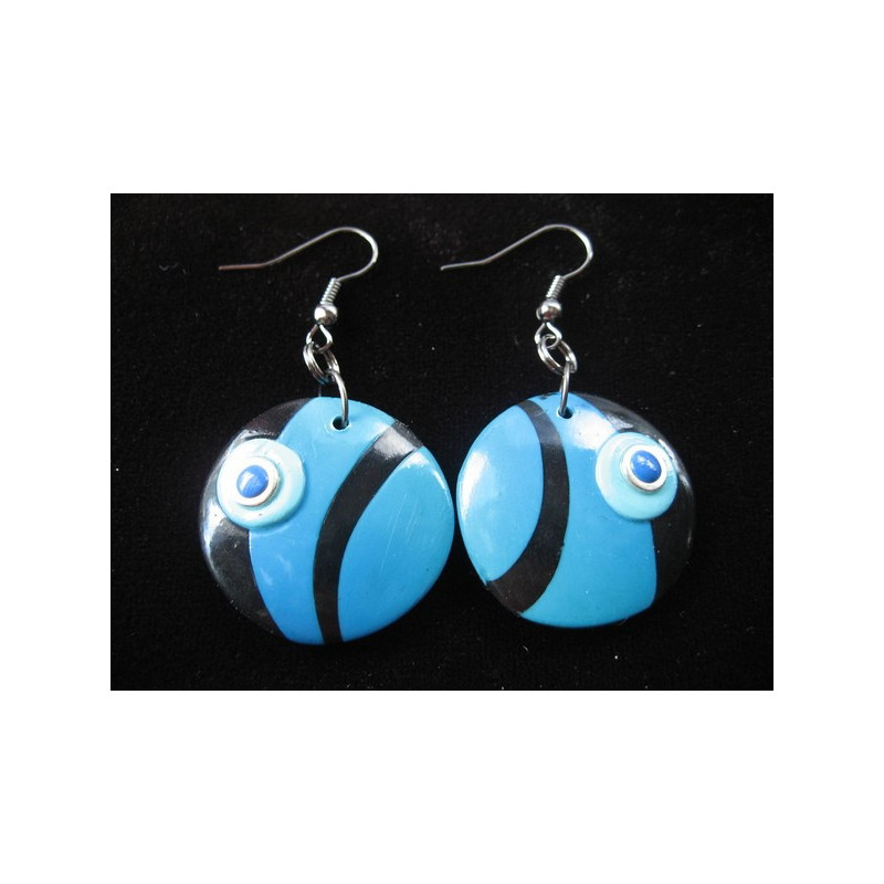 Boucles d'oreilles graphiques, motifs bleus, en Fimo