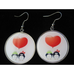 Fancy earrings, love penguins, set in resin