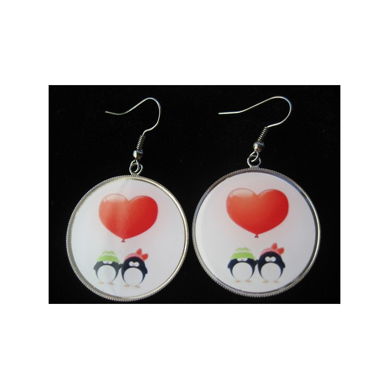 Fancy earrings, love penguins, set in resin