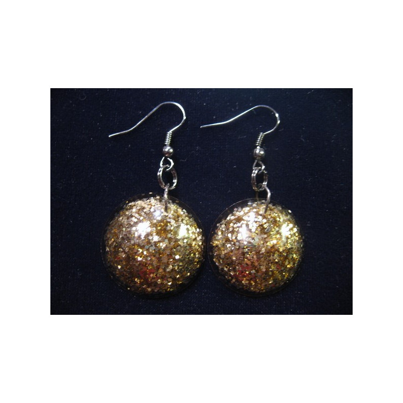 Cabochon earrings, gold glitter, resin