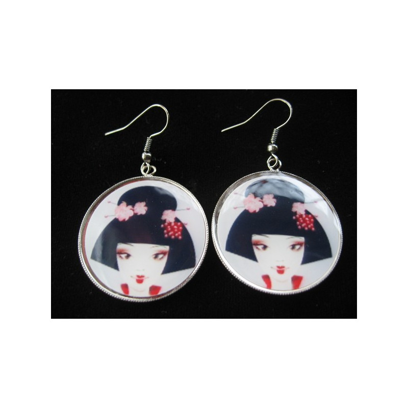 Earrings, Geisha, set in resin