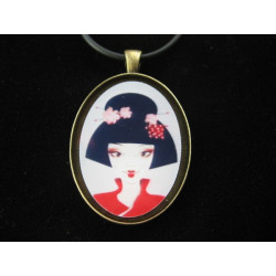 Kawaii oval pendant, Geisha, set in resin