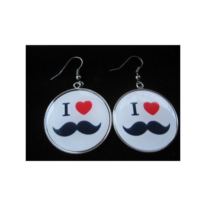 Boucles d'oreilles, I love moustache, serties en résine