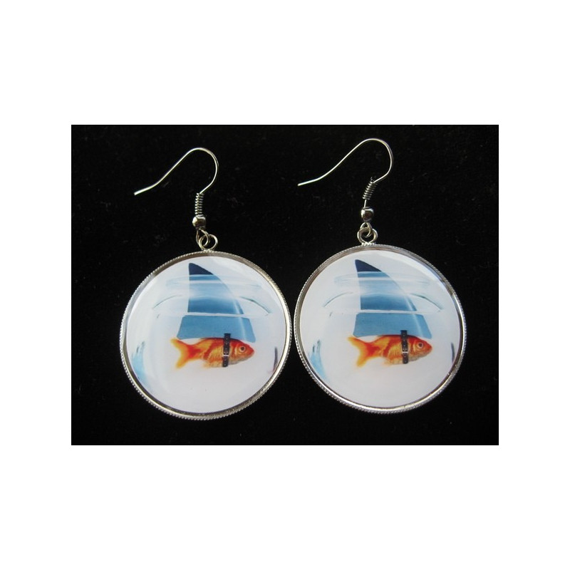 Fancy earrings, fish or shark, set with resin