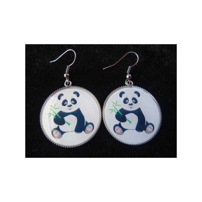 Earrings, Panda, set in resin