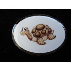 Fancy oval brooch, Cartoon turtle, set in resin