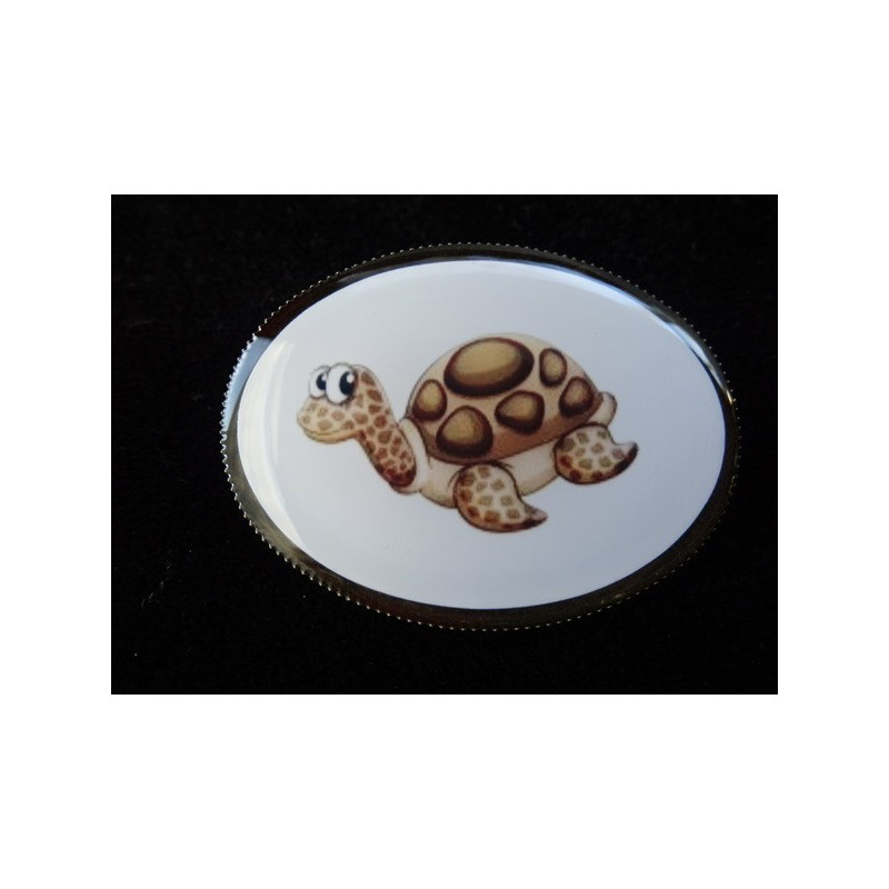 Fancy oval brooch, Cartoon turtle, set in resin