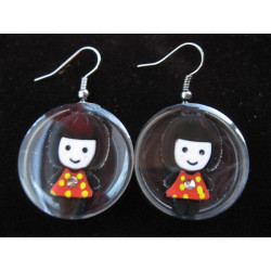 Kawaii earrings, brown doll, on transparent resin background