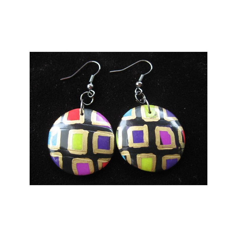 Boucles d'oreilles pop, noires/multicolores, en Fimo