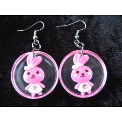 Kawaii earrings, pink bunny, on transparent resin background