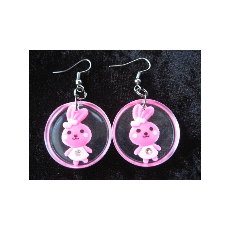 Boucles d'oreilles Kawaii, lapin rose, sur fond transparent en résine