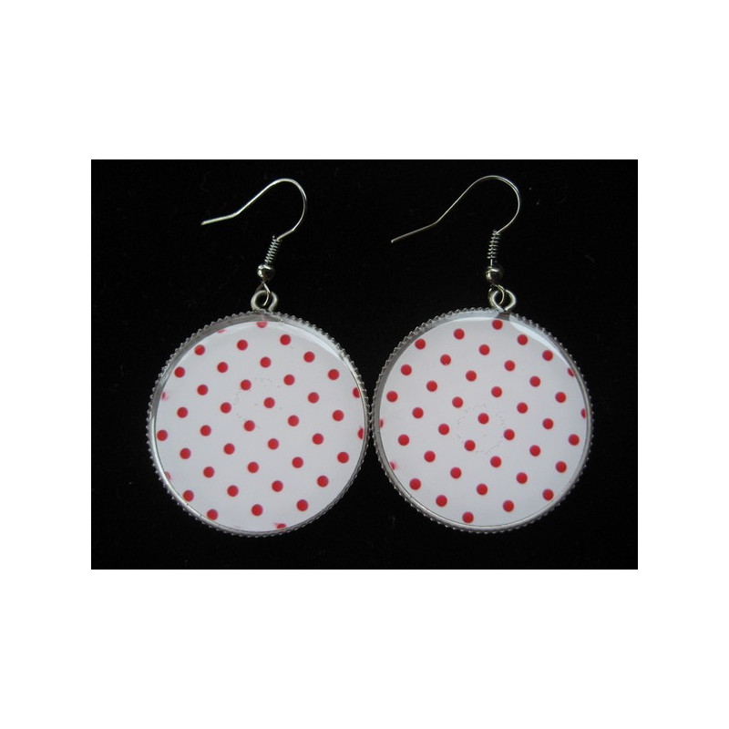 Earrings, red polka dots on a beige background, set in resin