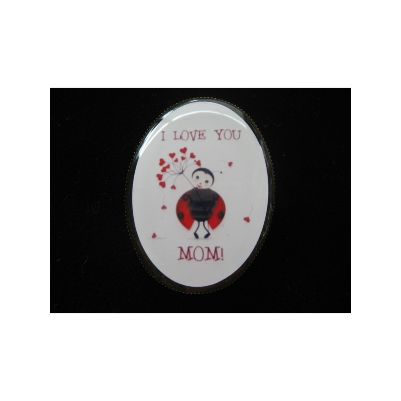 Fancy oval brooch, Ladybug love you Mom, set in resin