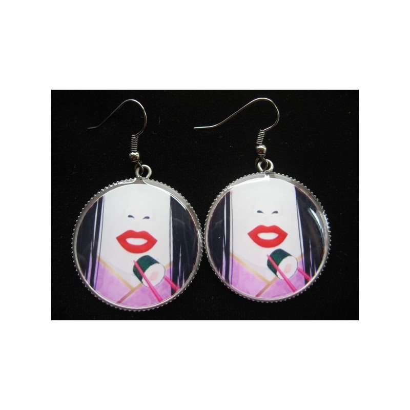 Kawaii earrings, Geisha Sushi, set in resin