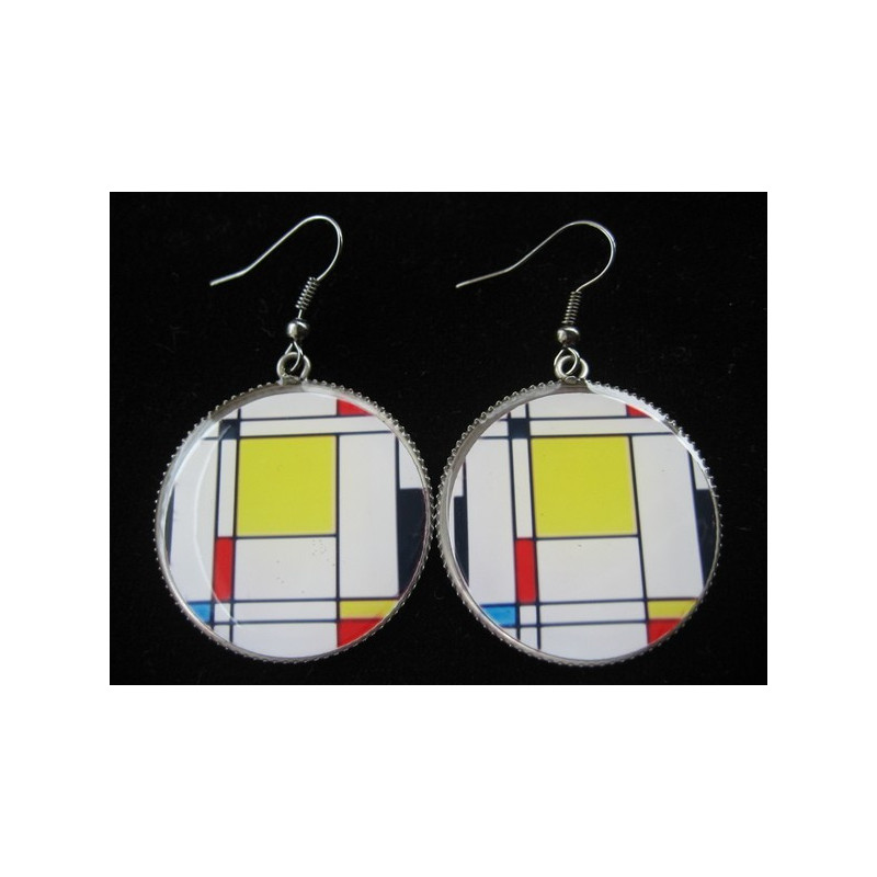 Boucles d'oreilles vintage, Esprit Mondrian, serties en résine