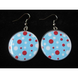 Boucles d'oreilles, pois blancs et rouges sur fond turquoise