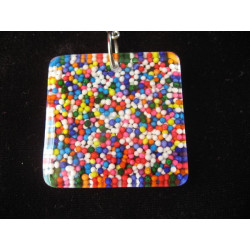 Square pendant, multicolored miniperles, in resin